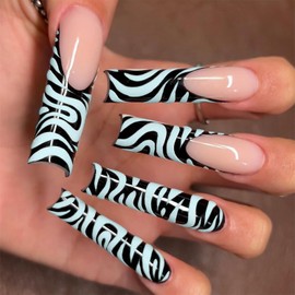 FOXIIU Press on Nails Coffin Long Length Glossy Full Cover Acrylic Coffin Shape French False Nails with Zebra Strips Designs Artificial Ballerina Square Fake Nails Glue Stick on Fingernails for Women