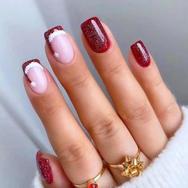 Folmywy Christmas Medium length Press on Nails Glossy Glitter Snowflake Full Cover Xmas Artificial Nails Stick Fake Nail Women Girls Red Party Daily Wear 24pcs