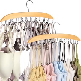 NANATI 2 Pack Bra Hangers for Closet Organizer, Bra Organizer with 40 Stainless Steel Hooks, Wooden Tank Top Hanger, Closet Organizers and Storage for Bras Camis Belts Ties, Natural