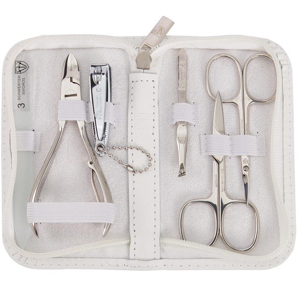 3 Swords Germany - brand quality 6 piece manicure pedicure grooming kit set for professional finger & toe nail care scissors clipper genuine leather case in gift box, Made in Solingen Germany (02266)