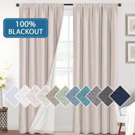 H.VERSAILTEX Linen Look 100% Blackout Curtains 84 Inches Long for Bedroom Full Light Blocking Rod Pocket Linen Textured Thick Window Curtain Drapes with White Backing, Natural, 2 Panels