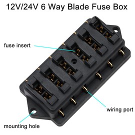 Greluma 1 Piece 12V/24V 6 Way Car Blade Fuse Box Standard Blade Fuse Box Holder Block with 3A 5A 10A 15A 20A 30A Fuses