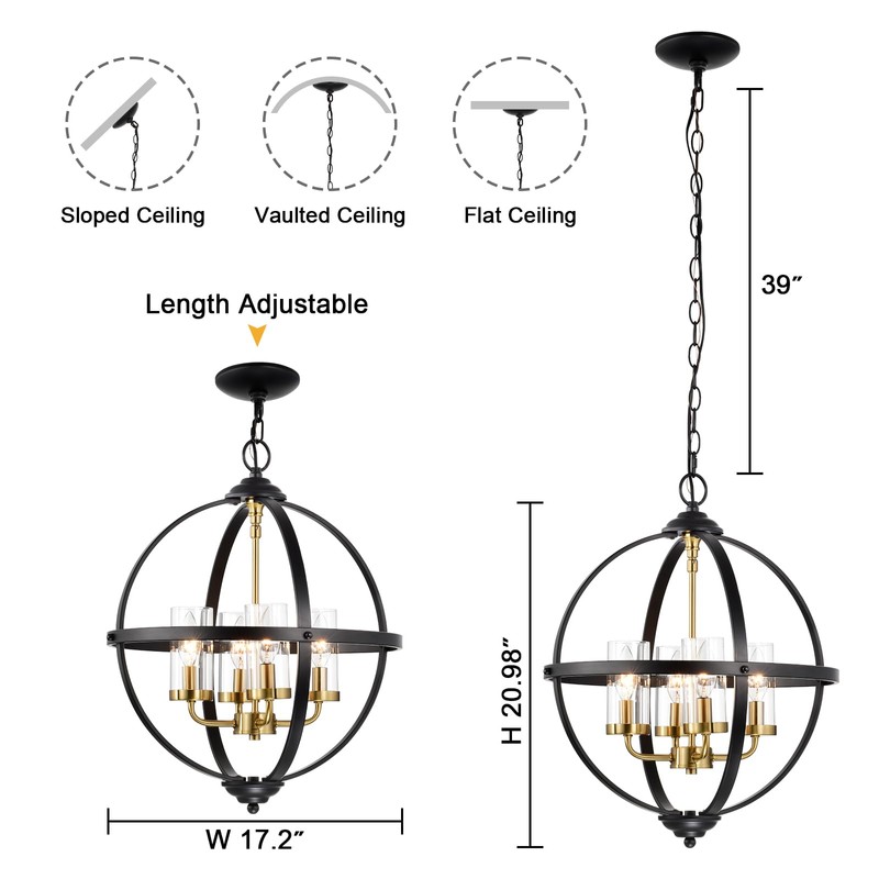 Treekee Rustic Chandelier, 17" Black and Gold Finish Glass Cover