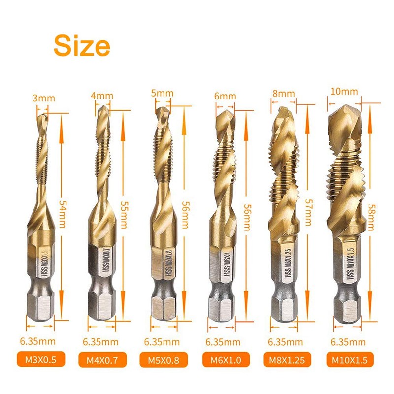 Eyech 6Pcs Titanium Combination Drill and Tap Bit Set, Metric