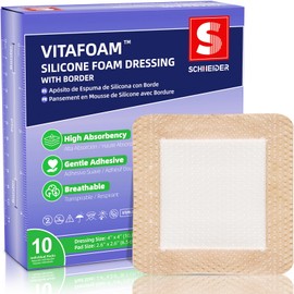 VitaFoam Silicone Foam Dressing 4" x 4" with Border, High Absorbency Wound Bandage, Gentle Adhesion, Soft Breathable Silicone Bandages for Wound Care, Pack of 10