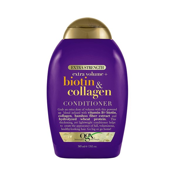OGX Thick & Full + Biotin & Collagen Extra Strength Volumizing Conditioner with Vitamin B7 & Hydrolyzed Wheat Protein for Fine Hair. Sulfate-Free Surfactants for Thicker, Fuller Hair, 13 fl oz