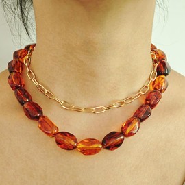 MSSIEJEW Chunky Beaded Necklace for Women Acrylic Resin Chunky Beaded Choker Layered Gold Paperclip Chain Necklace Vintage Jewelry(Amber)