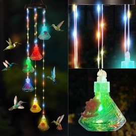 LUJII Solar-Powered Wind Chimes Hummingbird Feeders for Outdoor Use, Featuring LED-Lit Wires, 6 Handcrafted Glass Reservoirs, RGB Lighting, Diamond-Shaped