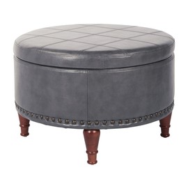 OSP Home Furnishings Alloway Storage Ottoman with Antique Bronze Nailheads, Pewter Faux Leather