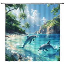 Dolphin Shower Curtain Ocean Coastal Beach Hawaii Tropical Marine Life Dolphins Sea Palm Tree Islands Summer Seaside Blue Bathroom Decor Curtains Polyester Fabric 70 x 70 Inch with Hooks