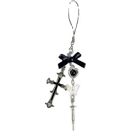 Risprsulen Silver and Black Phone Charm Strap Keychain Kawaii-Cute Keychain Lanyard String Black Cross-Bow Beaded Chain Lanyard Y2K, 1