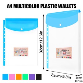 12 Pack Multicolor Punched Pockets A4 Plastic Wallets, 11 Holes Expandable Large Capacity Binder Pocket with Snap Button and Label Pocket, Plastic Envelope File Folders for School Home Office (12)