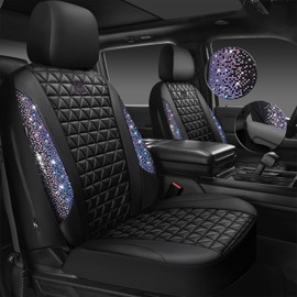 CAR PASS Bling Diamond Black Leather Car Seat Covers Full Set Interior Sets, Waterproof Shining Glitter Sparkly Crystal Armrest Fit Automotive Truck SUV Cute Women Girl, Bedazzed Iridescent Rhinestone