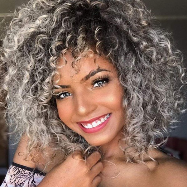 Xinran Curly Afro Grey Wigs for Black Women, Short Grey Curly Afro Wig with Bangs, Synthetic Omber Gray Curly Full Wig 14 inch
