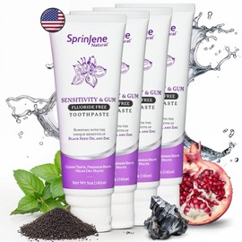 SprinJene Natural Fluoride Free Toothpaste for Sensitive Teeth & Gums – Patented Toothpaste with Black Seed Oil & Zinc – Vegan Dry Mouth Prevention for Fresh Breath – Made in The USA (4 Pack)