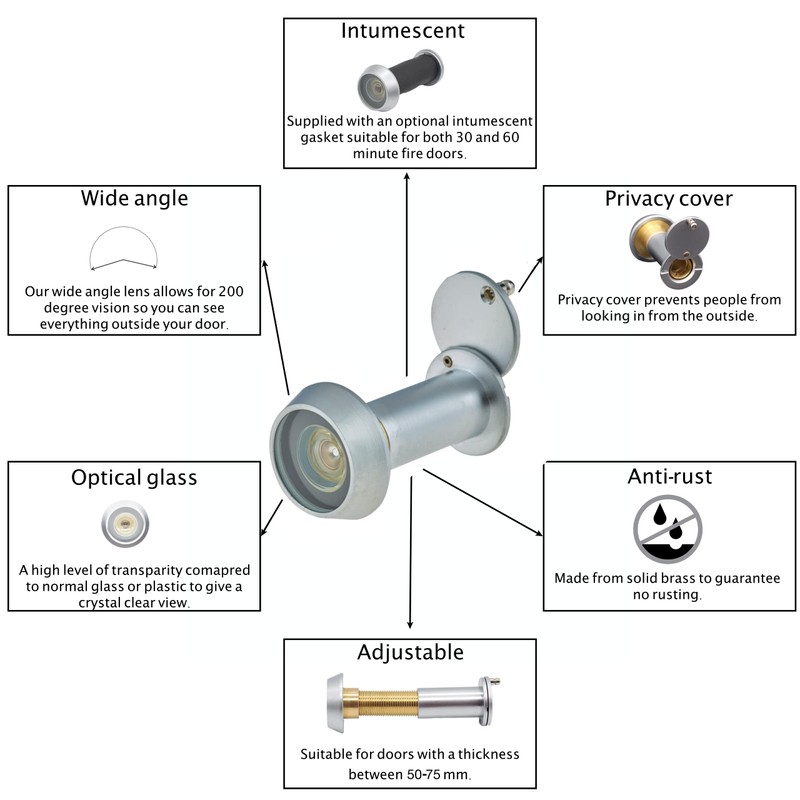 Door Viewer Satin Chrome Peephole Wide Angle 50-75mm Thick Doors