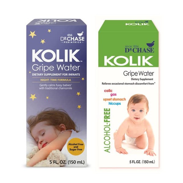 Dr. Chase Kolik Gripe Water Bundle - Nighttime & Alcohol Free All-Day Baby Colic Relief - Gripe Water for Babies & Infants - Baby Gas Relief for Cramps, Stomach Discomfort & Hiccups - 2-Pack