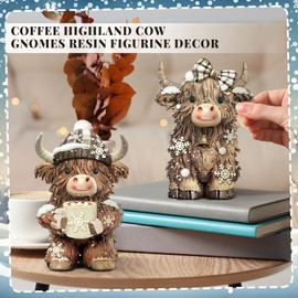 Burbell 2 Pack Winter Highland Cow Figurine Decor Resin Winter Theme Highland Cow Gnomes Starfish Resin Statue for Garden Table Shelf Kitchen Home Decor Calf Gnome Herd Gifts