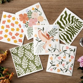 RECYCO Swedish Dishcloths for Kitchen | 6 Packs Birdsong and Blooms Washable Dish Rags | Cellulose Reusable Cleaning Paper Towels | Absorbent Counter Dish Cloth Sponge Kitchen Wipes, 8" L x 7" W