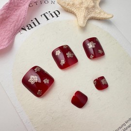 Press on Toenails Red Fake Toe Nails Flower False Toenails Glossy Full Cover Acrylic Glue on Toenails with Designs Glitter Toe Press on Nails Artificial Stick on Toenails for Women Manicure 24Pcs