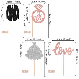 24 piezas de adornos para cupcakes para novios y novias con purpurina para decorar tartas de matrimonio, despedidas de soltera, decoración para bodas, compromisos, despedidas de soltera, suministros para fiestas temáticas, oro rosa