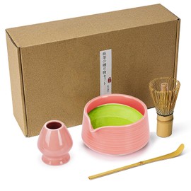 Matcha 4 Set- Tazón de Matcha con boquilla, Batidor de Matcha, Soporte para Batidor de Matcha, Cuchara de Matcha-Juego de Batidoras de Cerámica Juego de Té Japonés (rosa)