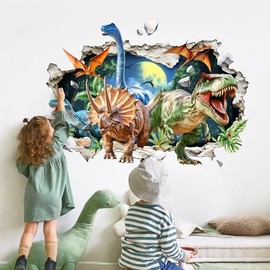 3D Dinosaur Wall Decals Break Through Large Dino Jungle Dinosaur Wall Stickers for Boys Kids Bedroom Baby Nursery Playroom Classroom Decor