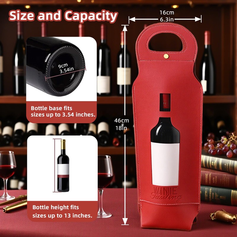 Wine Gift Bag, PU Leather Single-Bottle Wine Tote Carrier, Reusable