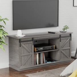 YESHOMY TV Stand for Televisions up to 65 Inchs, with Sliding Barn Doors and Storage Cabinets, Console Table and Media Furniture for Living Room, 58 Inch, Gray
