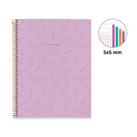 Miquelrius - Notebook A4 (210 x 297 mm), squared 5 mm, 120 sheets 70 g/m², cardboard cover, 4 coloured stripes, copper spiral, Feeling Mallorca collection, lavender