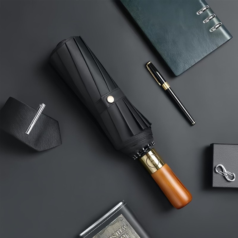 Men's Umbrella With Wooden Handle Black Automatic Open Strong Windproof
