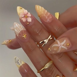 30Pcs Ocean Shell Press on Nails Yellow French Tip Fake Nails Starfish Rhinestones Glue on Nails Flower False Nails with Pearl Floral Design Full Cover Artificial Nails Summer Stick on Nail for Women