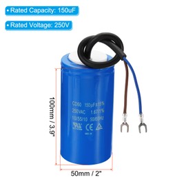 PATIKIL CD60 Run Capacitor, 2 Pack 150uF 250VAC 50/60Hz Motor Starting Capacitor with 2 Wires for Air Compressor Motor Starts Running