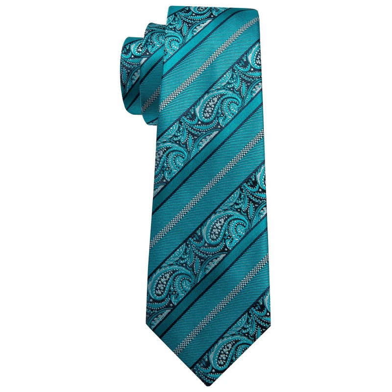 Barry.Wang Men Ties Silk Teal Paisley Necktie Set Handkerchief Cufflinks