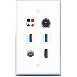 RiteAV Coax HDMI Speaker TOSLINK 2 USB-3 Flat/Solid Wall Plate [White]