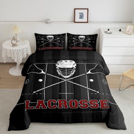 Manfei Lacrosse Comforter Set Queen Size, Sports Gaming Theme Quilt Set with 2 Pillowcases, White Lacrosse Player Bedding Set 3pcs for Kids Boys Teens Bedroom Decor