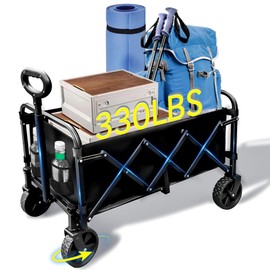 Collapsible Wagon with Wheels, 330 lbs Wagons Carts Foldable Wagon Cart with Flexible Handle, Lightweight Portable Folding Utility Grocery Shopping Cart for Grocery Sports Garden Camping