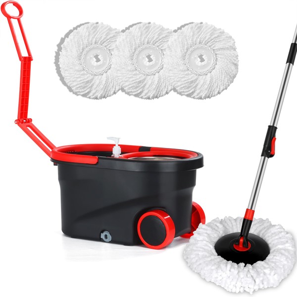 Spin Mop Bucket, Microfiber Spin Mop and Bucket Floor Cleaning System, Mop and Bucket with Wringer Set, Stainless Steel 360 Floor Mop Bucket on Wheels, 3 Microfiber Replacement Heads, Black & Red