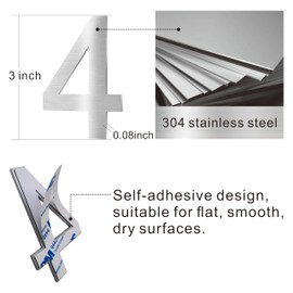 XYL HC 3-inch (Approximately 7.6 cm) Stainless Steel House Numbers, Mailbox Numbers, Self-adhesive Metal Address Numbers, Suitable For Number Signs For Hotels, Apartments, And Courtyards (Silver 4)