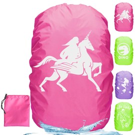 Rain Cover for Backpack School Bag 30-40L, Unicorn Rain Cover School Bag with Reflective Strips, Pink Backpack Protective Cover for Children on the Way to School and Outdoor Night Hiking in Rain and
