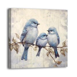 LURENCZH Bird Canvas Wall Art Birds Family on Branch Picture Print Blue Bird Paintings for Living Room Bedroom Decor Framed Ready to Hang(Bird-2,12.00" x 12.00")