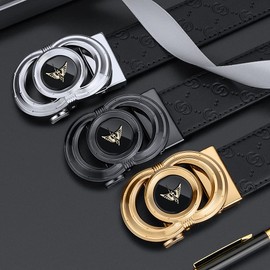 VANNANBA - Cinturones de carraca de piel para hombre, hebilla automática con caja de cinturón, regalo para hombres, 96-oro, 42-45W