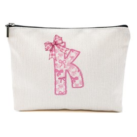 Pink Bow K, Alphabet Makeup Bag for Women, Washable Travel Organizer Toiletry Cosmetic Bag, Coquette Bow Letter Pattern Large Capacity Makeup Pouch with Zipper, Christmas Gifts for Women