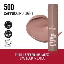 Rimmel London, Thrill Seeker Lip Latex, Rossetto liquido, Lucidalabbra, labbra, Rossetto con acido ialuronico, Tinta labbra, Morbidezza e lucentezza, Vitamina E, Aloe Vera, 6 ml, 500 Light Cappuccino