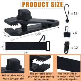 6 Sets Pool Cover Clip Kit for Above Ground Pools, Include 6Pcs Antislip Fixing Straps and 12Pcs Tarp Clips, Reinforced Pool Clamps for Above Ground Pool Covers, Securely Attach to Pools Support Poles