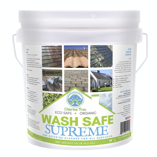 Wash Safeâ¢ SUPREME Eco-Safe and Organic All-Purpose Exterior Cleaner, 10 lb | | Clear, Bleach-Free Powder Solution | Clean Up to 10,000 sq. ft. of Roof, Vinyl Siding, Wood, Decks, Concrete and More