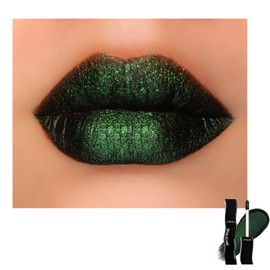 Goth Green Glitter Lipstick for Woman, Black Base Green Metallic Multichrome Liquid Lipstick， High Pigment Multichrome Non-Stick Shimmer Lip Color for Bold Gothic Halloween Makeup Vegan & Cruelty-Free