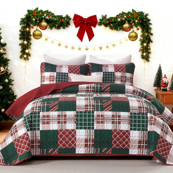 DJY Christmas Quilt Set King Size, Xmas Red and Blue