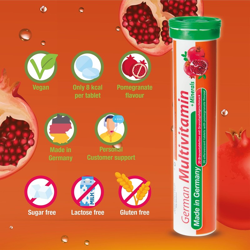 German Multivitamin + Mineralien Drink Effervescent Tablets 60 Servings Pomegranate