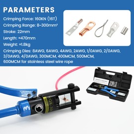 LFGUD 16T Hydraulic Battery Cable Crimper 8 AWG to 600 MCM Hydraulic Crimping Tool Cable Lug Crimper Electrical Terminal Wire Crimper with 13 Pairs of Dies Kit, Blue